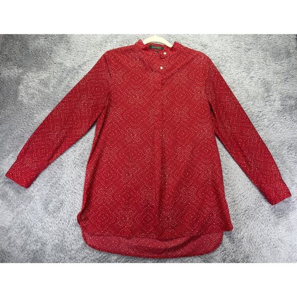 Lauren Ralph Lauren Womens Medium Red Tan Boho Retro Popover Tunic Top Blouse - Picture 5 of 11